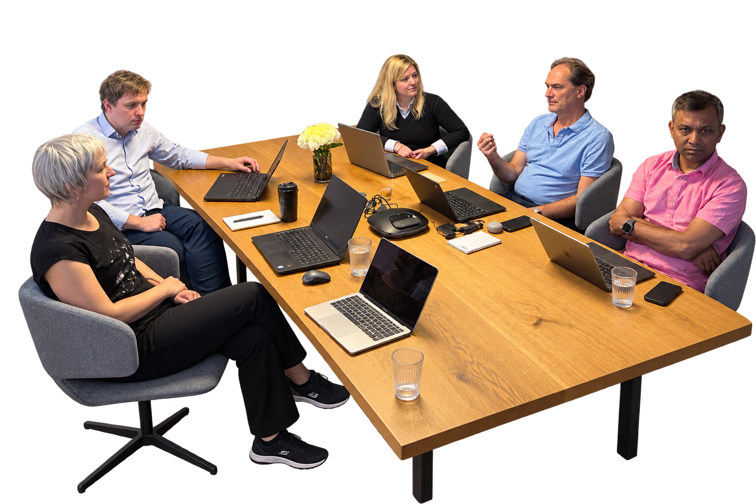 Five people meeting around a table with laptops; a photo cutout edited using AI.