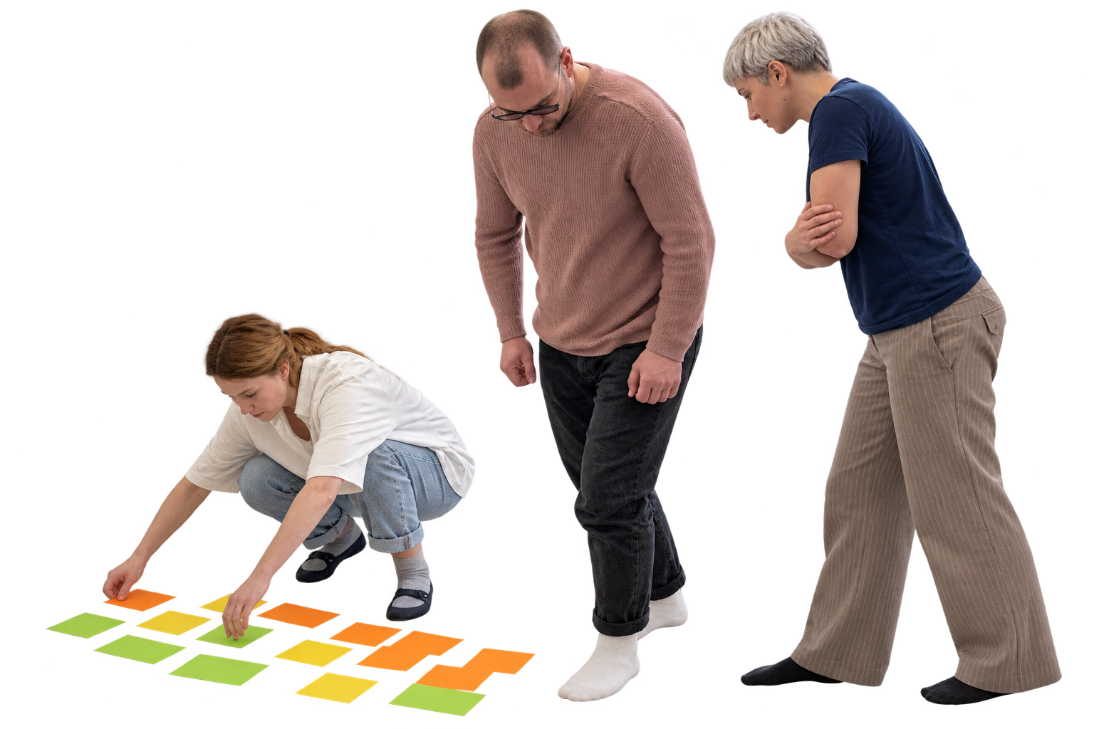 Three people working together with cards; an AI edited cutout with a transparent background.