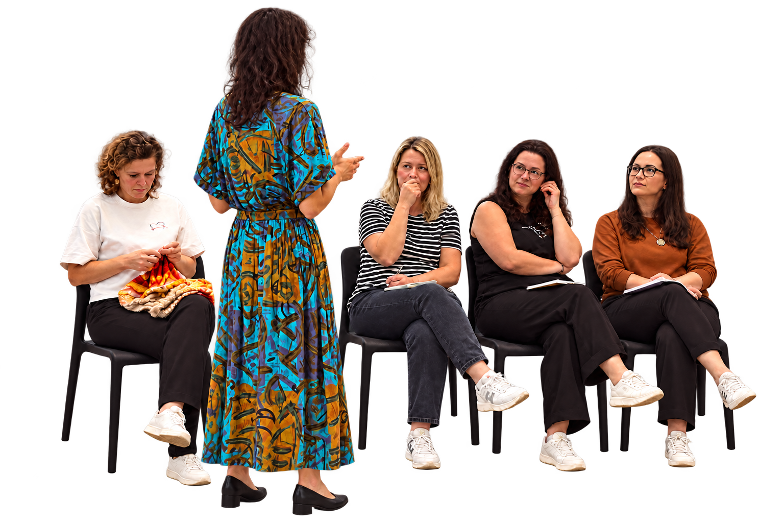 A facilitator with a group of teachers; an AI edited cutout with a transparent background.