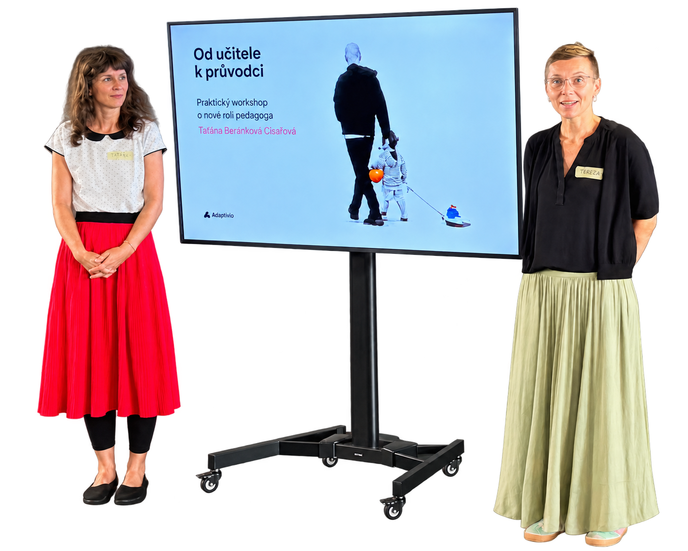 Two workshop facilitators and a presentation monitor at EDU Week; cutout edited with AI.