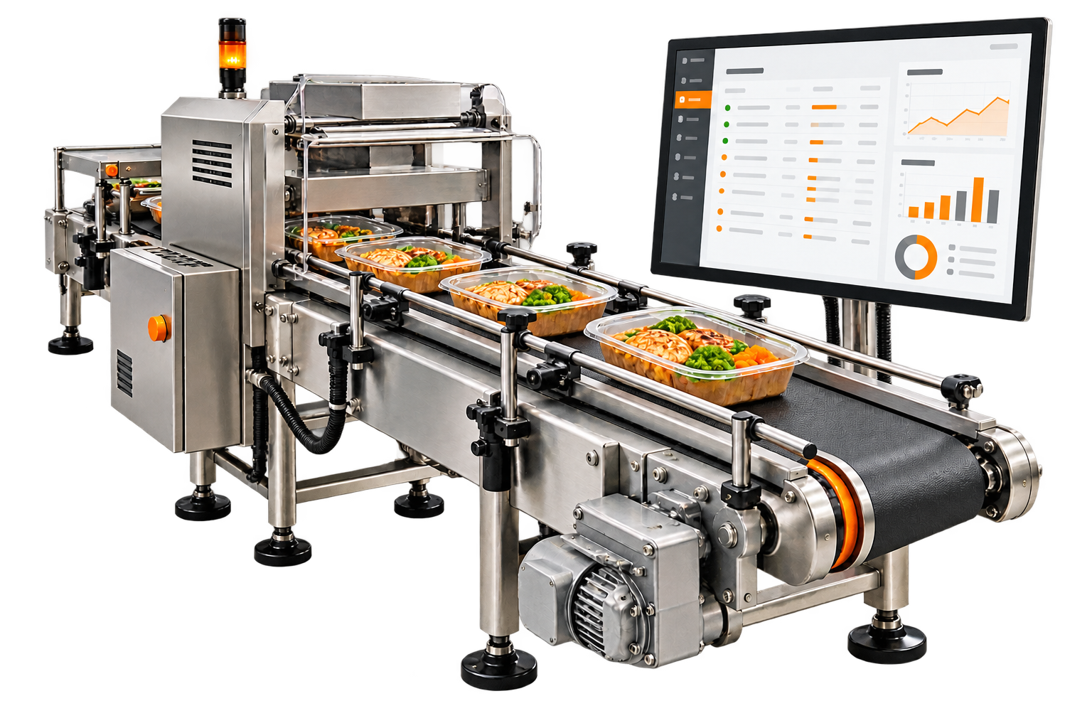 AI-generated illustration of a food production line connected to an ERP system.